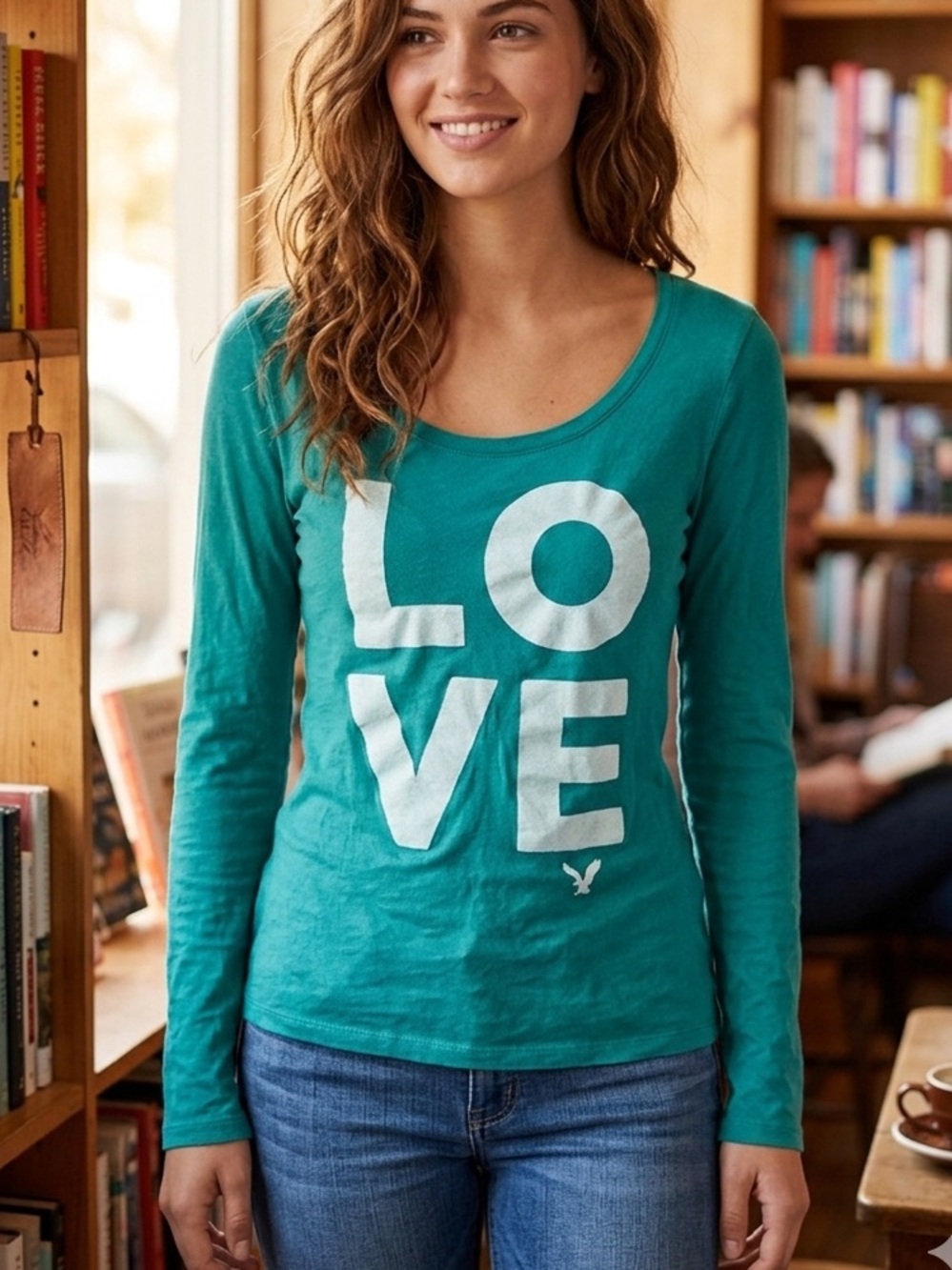 American Eagle Outfitters Teal Long Sleeve 'LOVE' Scoop Neck Tee